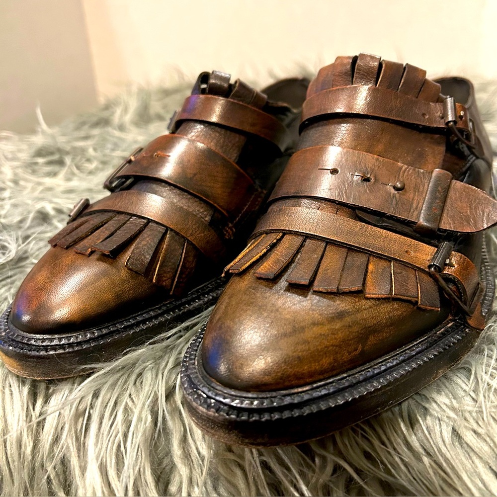 FREE PEOPLE Leather Fringe Buckle Brown Preppy Academia Loafers Brogues  Sz37HTF